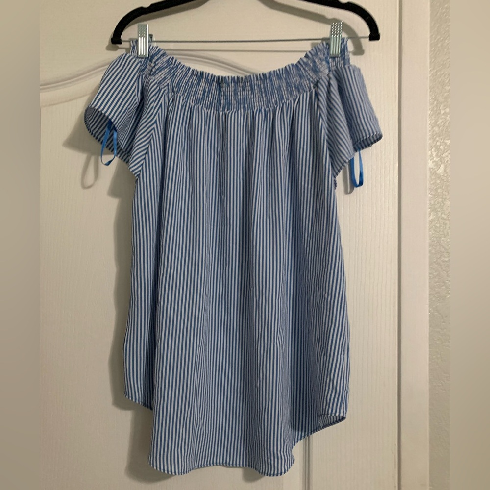 Michael Kors Blue and White Striped Off-Shoulder top